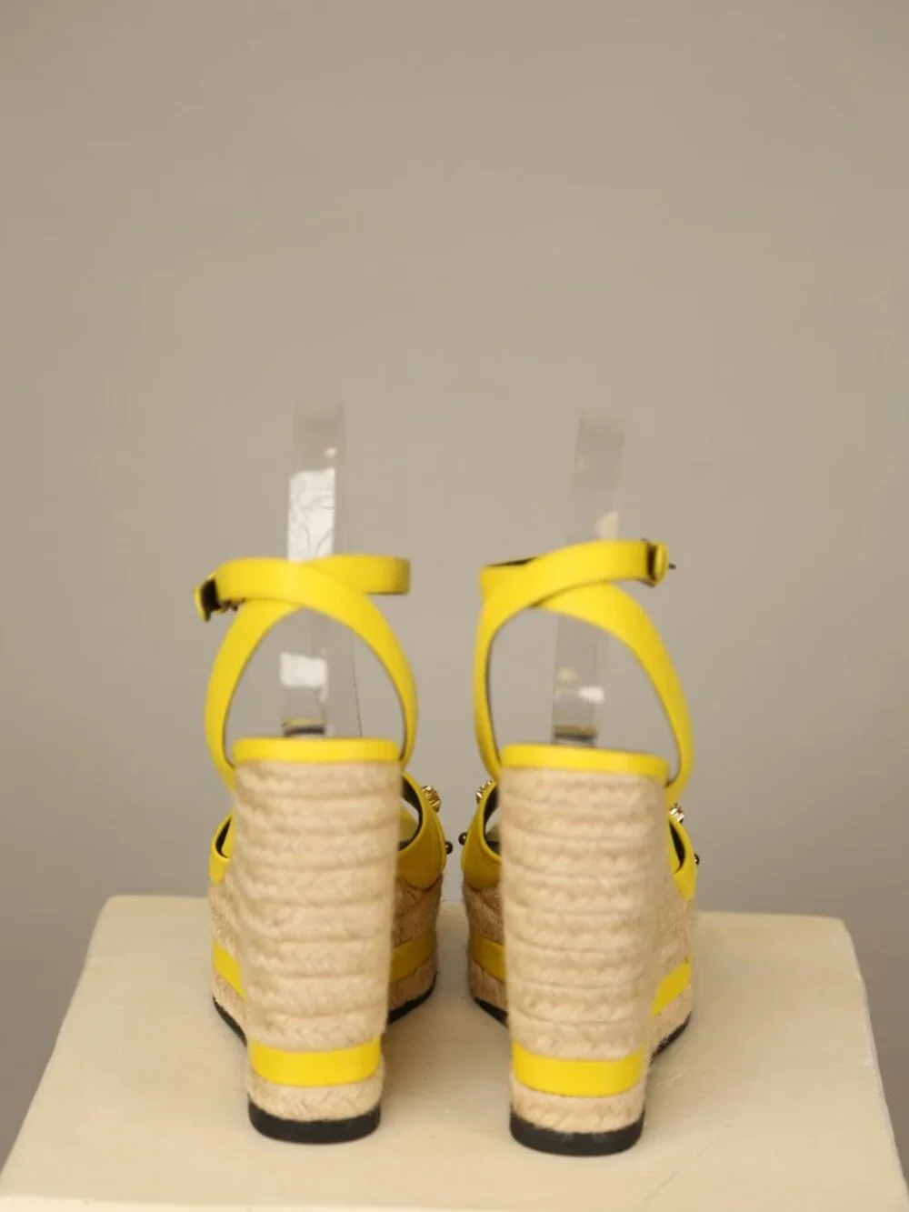 Versace Yellow Leather Espadrille Platform Wedge Sandals